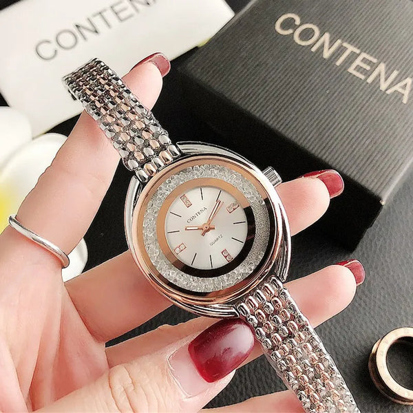 Luxury Rhinestone Ladies Stainless Steel Watch CONTENA Fashion Gold Women's Watch Diamonds Ceasuri Quartz Wristwatches Clock